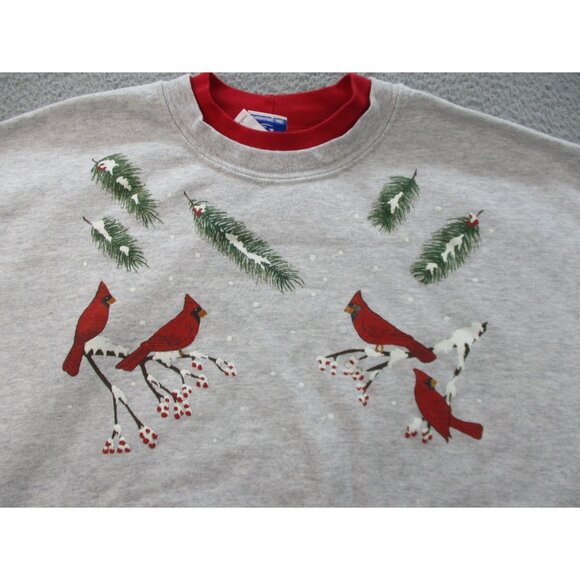 Christmas Sweatshirt Women's Large Cardinals Double Collar Granny Gray Red Birds - Picture 2 of 7